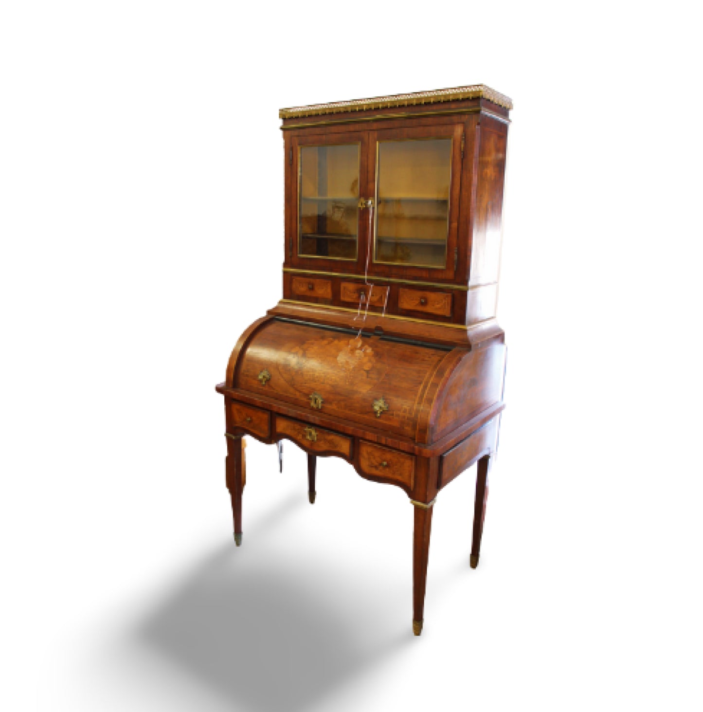 French 19thC Cylinder Bureau Bookcase De Dame