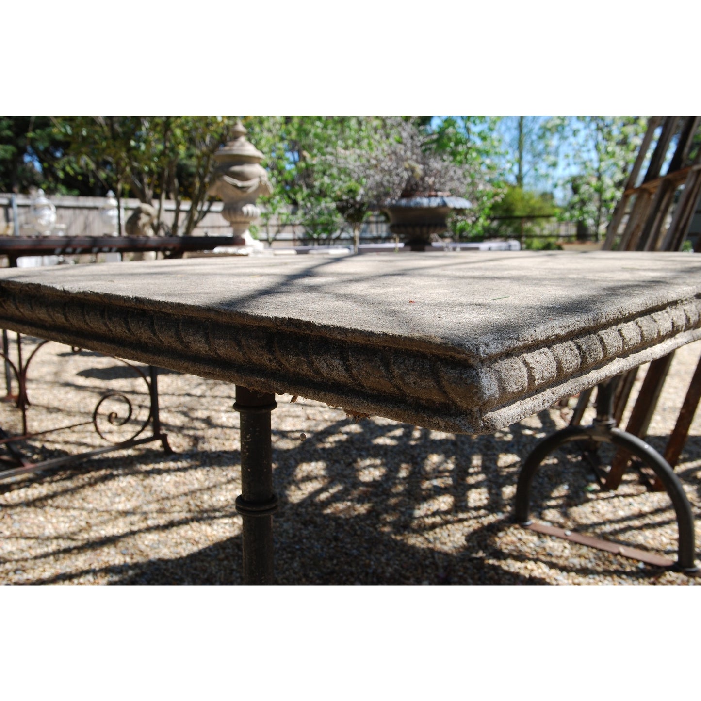 English Stone Table with Contemporary Cast Iron Base