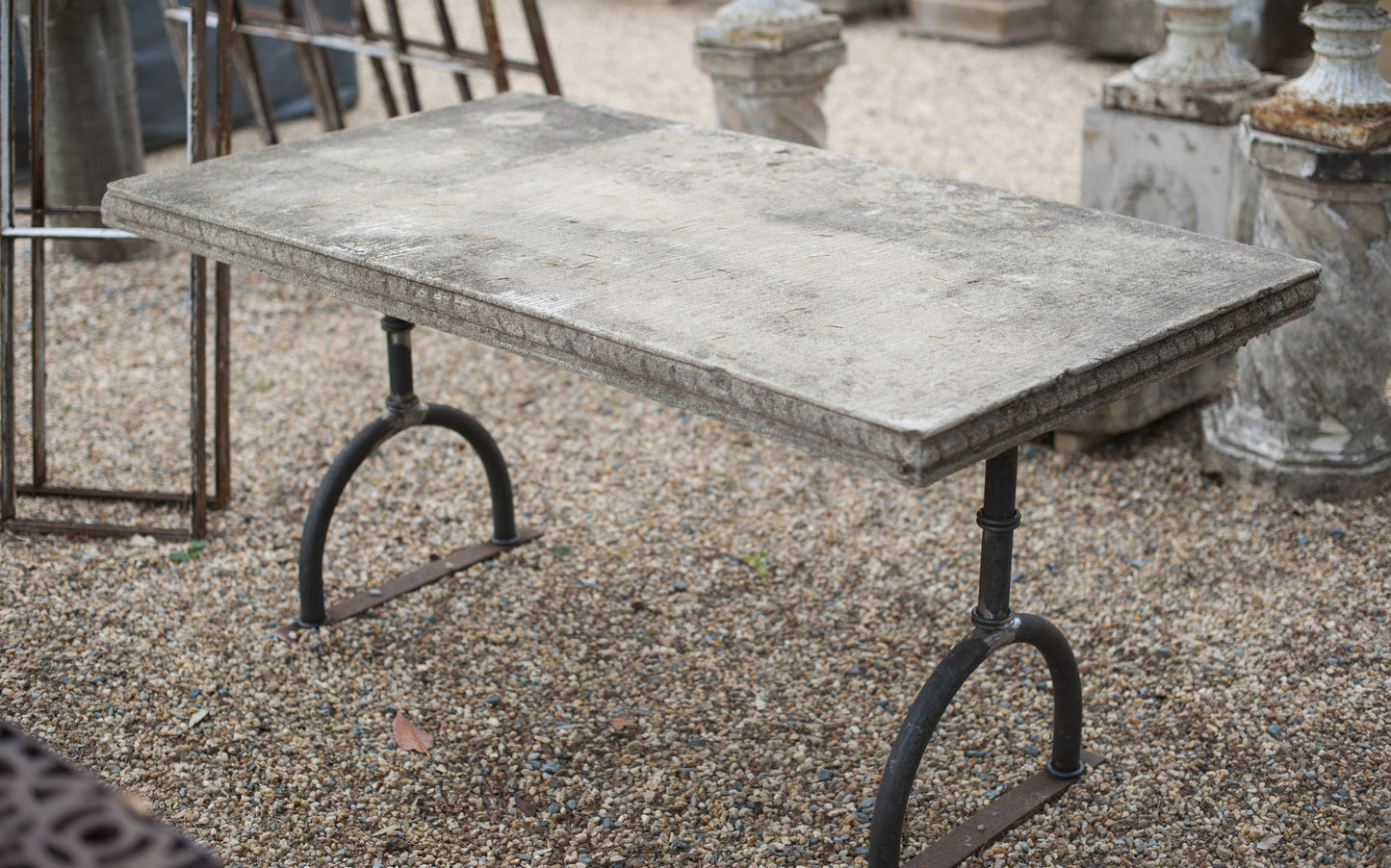 English Stone Table with Contemporary Cast Iron Base